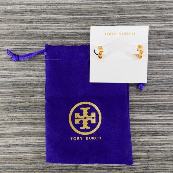 Tory Burch Serif-T Enamel Huggie Hoop Earrings Gold/Lemon OS - Picture 4 of 12